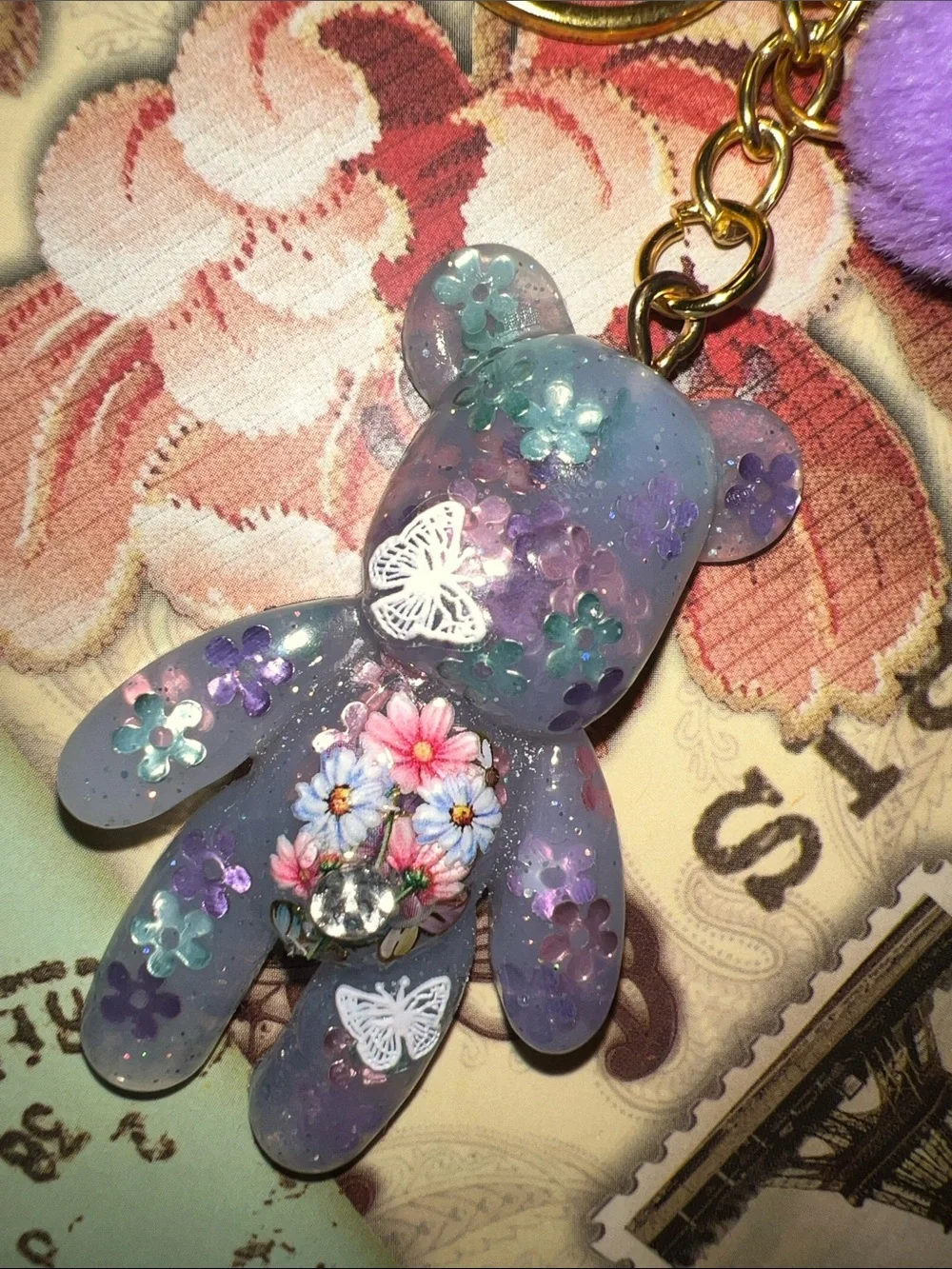 Purple Floral Resin Bear Keychain, backpack or purse charm.